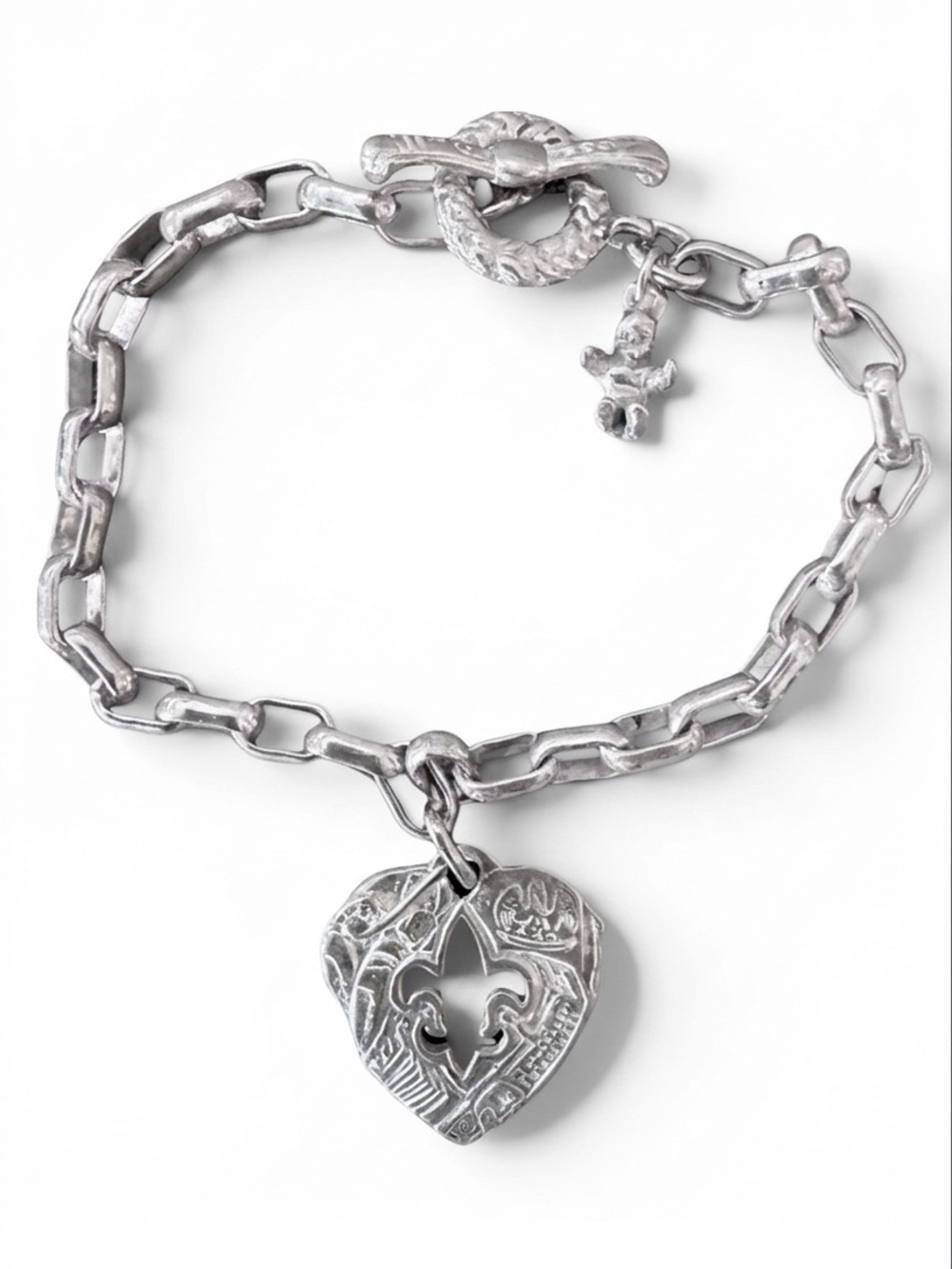 NOLA Sterling Silver Link Bracelet Fleur de Lis Heart Charm 8" Length Keepsake